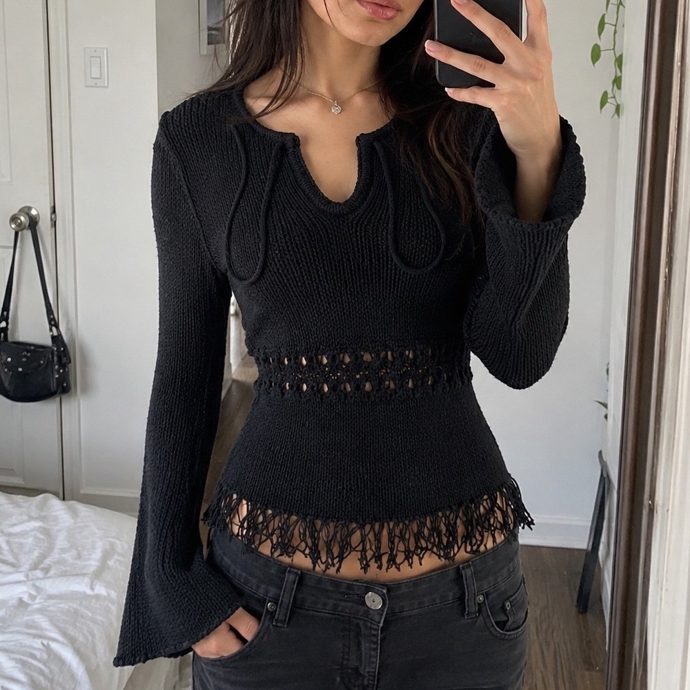 Vtg XOXO Jeans Knit Fringe Sweater Crochet Waist Bell Sleeve M boho grunge y2k